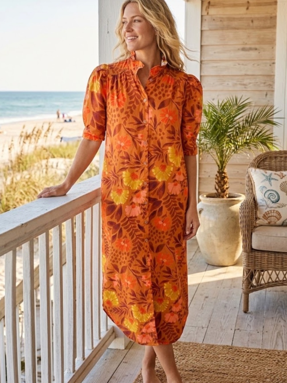 Adrienne Orange Floral Ruffle Collar Short Sleeve Dress Womens Size Medium - NWT